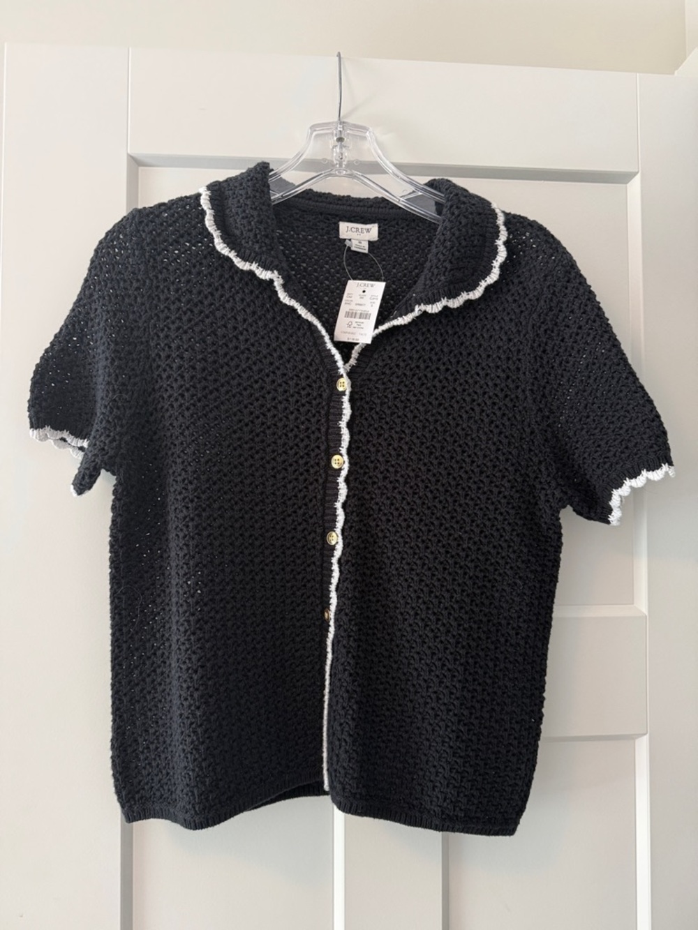 J. Crew Factory Black Crochet Short-Sleeve Cardigan with White Trim
